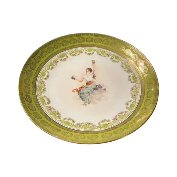 Wine Maiden Victoria Carlsbad Austria 12” Bacchante Kaufmann Bowl Green Gold Lg - Picture 2 of 10